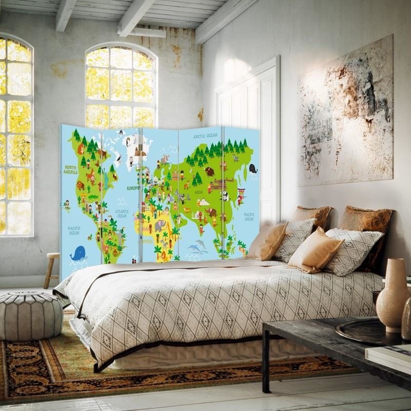 Aizslietnis, 5 paneļi, Divpusējs, kanva, Map Of The World For Children 