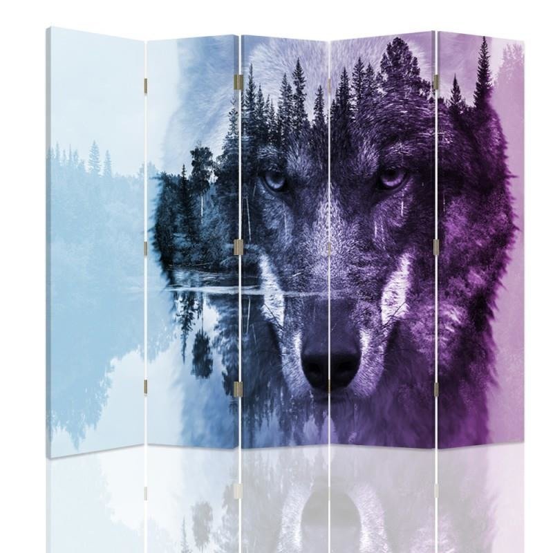 Aizslietnis, 5 paneļi, Divpusējs, kanva, Wolf On The Forest Background - Purple 