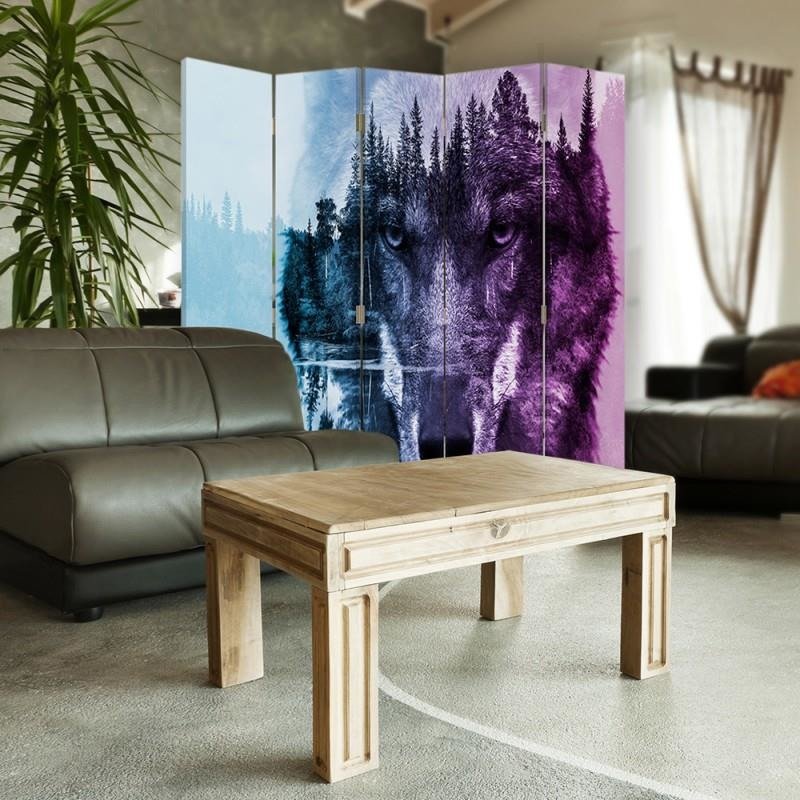 Aizslietnis, 5 paneļi, Divpusējs, kanva, Wolf On The Forest Background - Purple 