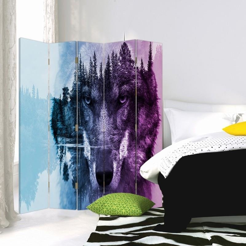 Aizslietnis, 5 paneļi, Divpusējs, kanva, Wolf On The Forest Background - Purple 