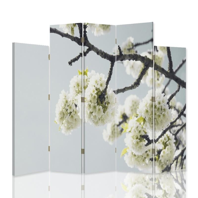Decorative Aizslietnis, 5 paneļi, Divpusējs, kanva, White Flowers On A Branch 