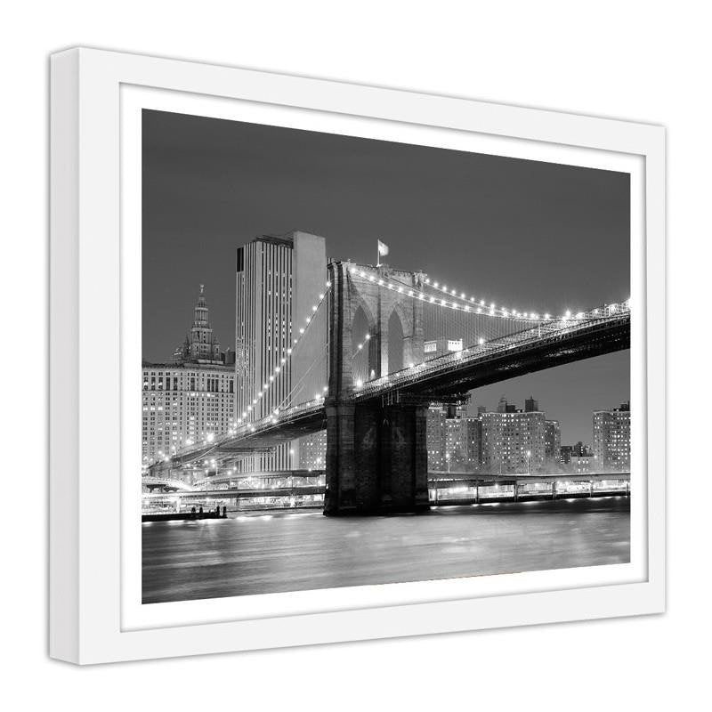 Glezna baltā rāmī - Brooklyn Bridge with a panoramic view of the city over the East River 