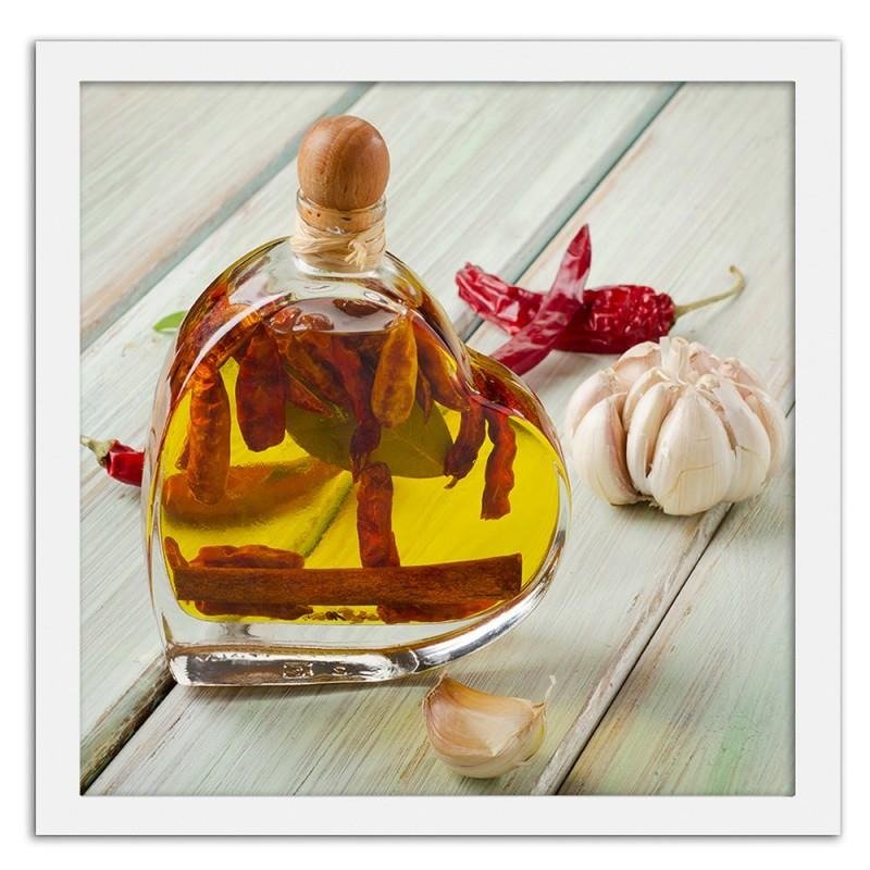 Glezna baltā rāmī - Bottle of olive oil on a wooden table 