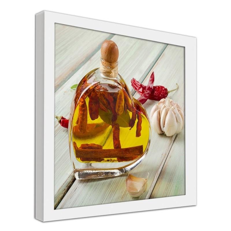 Glezna baltā rāmī - Bottle of olive oil on a wooden table 