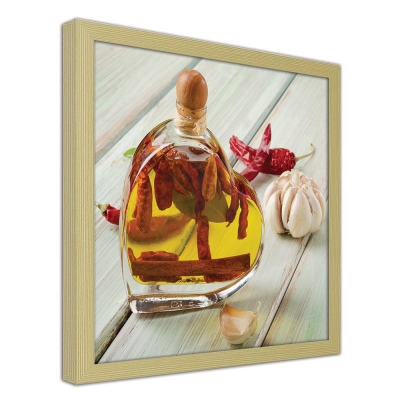 Glezna bēšā rāmī - Bottle of olive oil on a wooden table 
