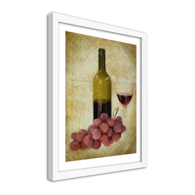 Glezna baltā rāmī - A bottle of wine and grapes 