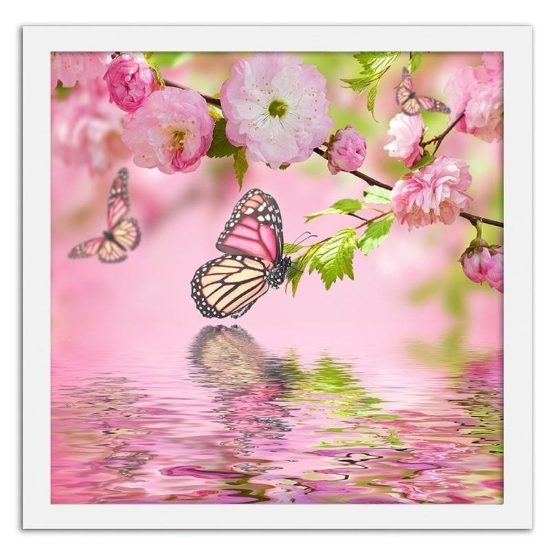 Glezna baltā rāmī - The butterfly among the flowers 