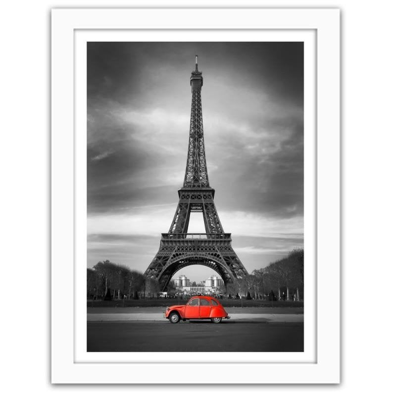 Glezna baltā rāmī - The old car in front of the Eiffel Tower 