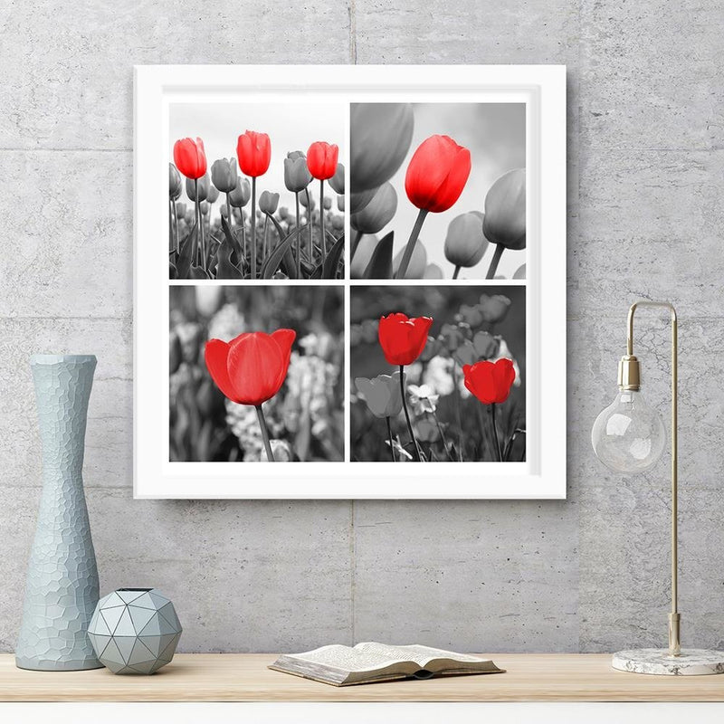 Glezna baltā rāmī - A Set Of Red Tulips In Gray 