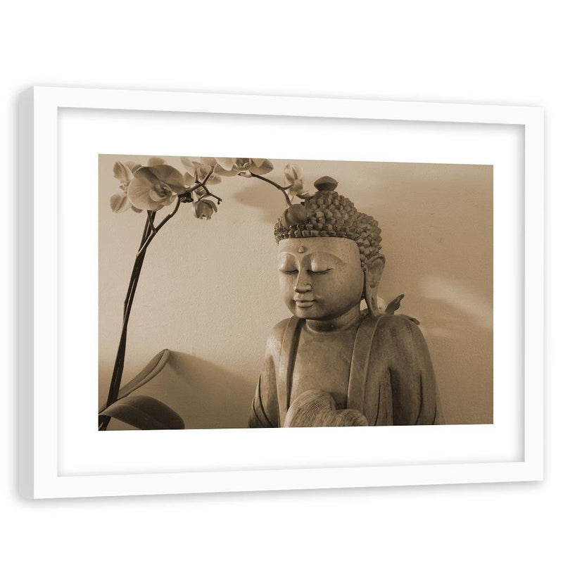 Glezna baltā rāmī - Buddha With Orchid 