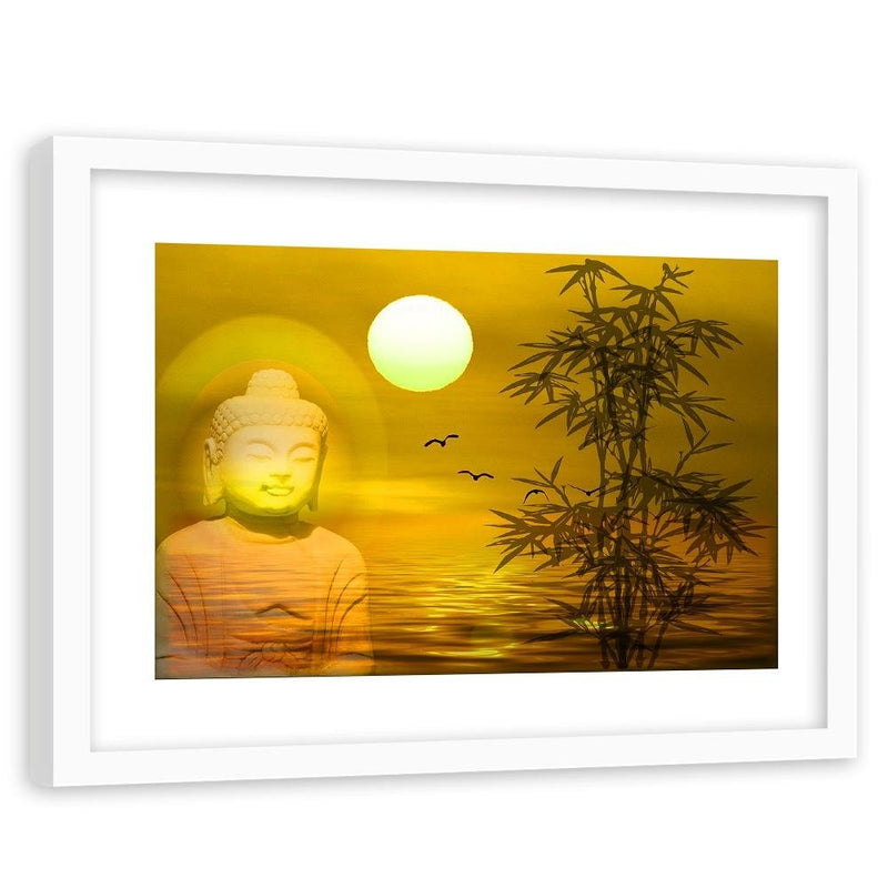 Glezna baltā rāmī - Buddha By The Sea At Sunset 