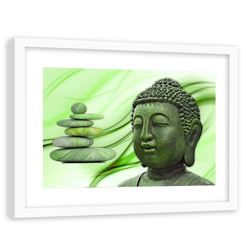 Glezna baltā rāmī - Head Of Buddha And Zen Stones 