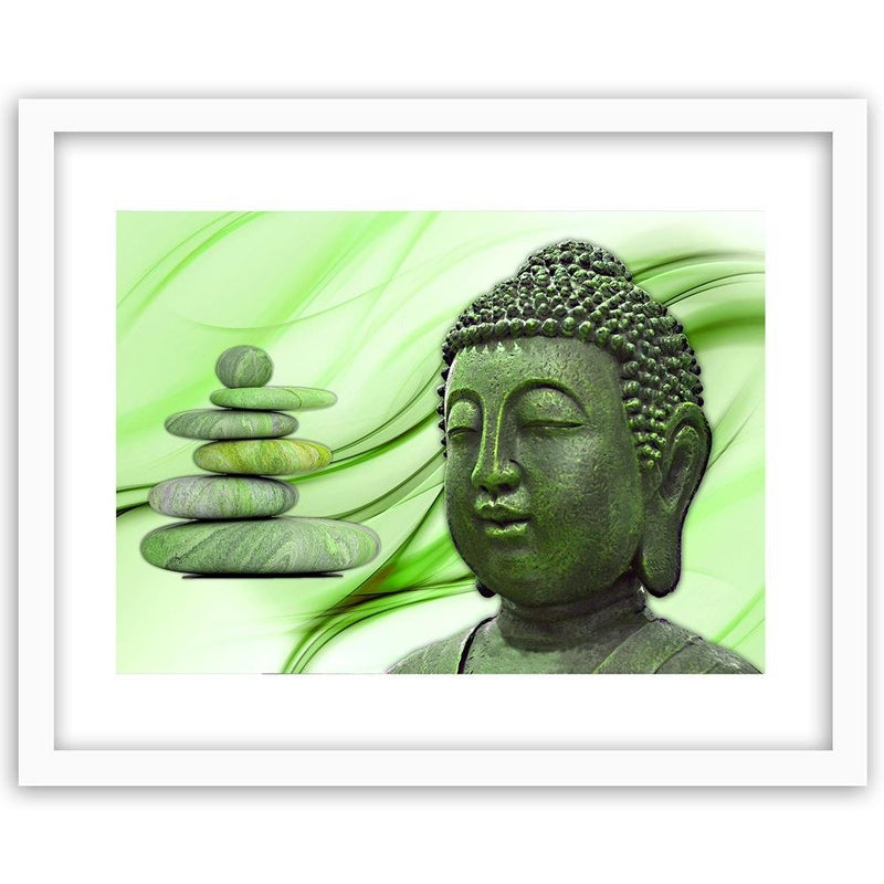 Glezna baltā rāmī - Head Of Buddha And Zen Stones 