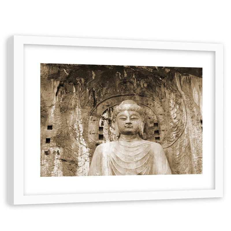 Glezna baltā rāmī - Buddha In Front Of The Walls Of The Temple 