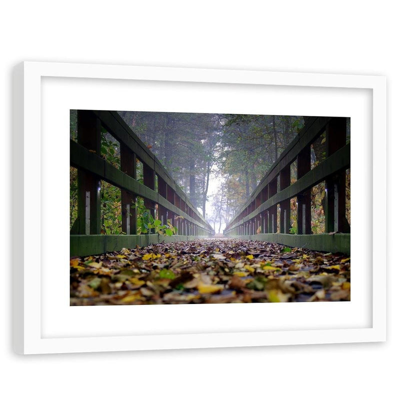 Glezna baltā rāmī - Leaves On The Bridge In The Woods 