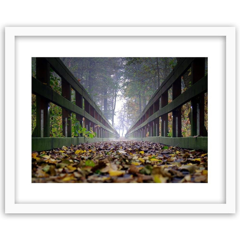 Glezna baltā rāmī - Leaves On The Bridge In The Woods 