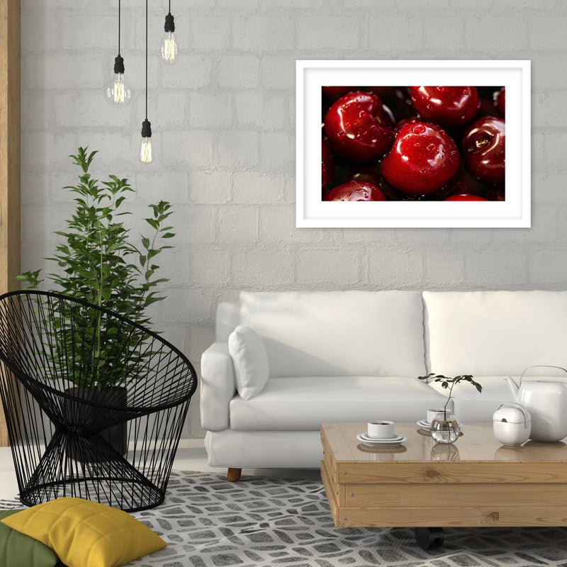 Glezna baltā rāmī - Cherries In Water Drops 