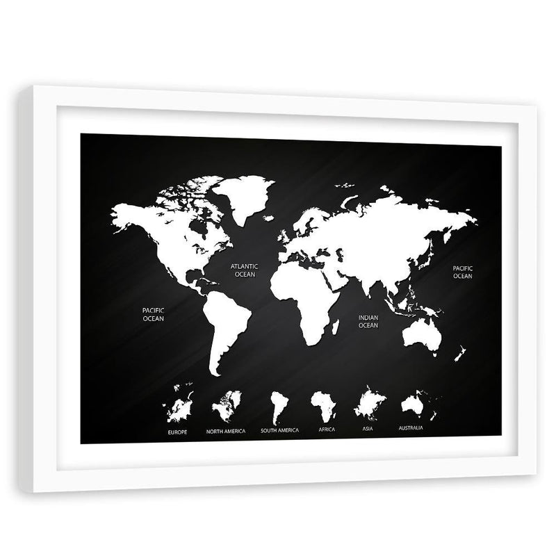 Glezna baltā rāmī - Map Of The World And Continents 
