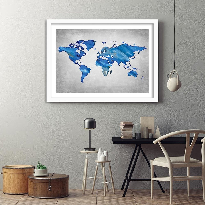 Glezna baltā rāmī - Navy Blue Map Of The World On Concrete 