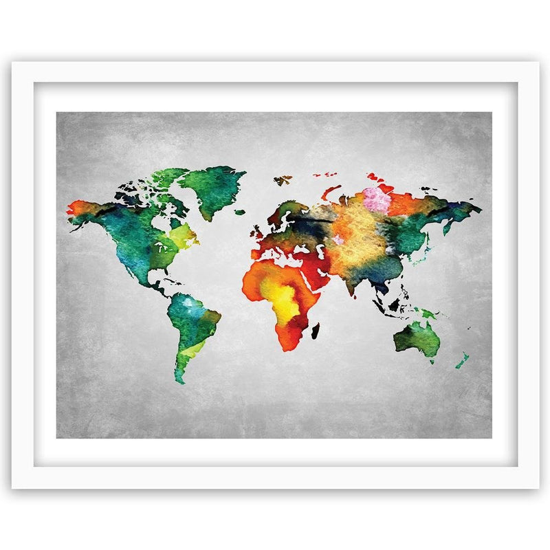 Glezna baltā rāmī - Colorful World Map On Concrete 