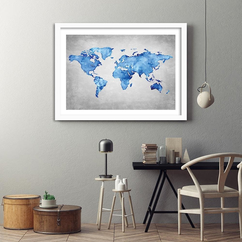 Glezna baltā rāmī - Blue Map Of The World 