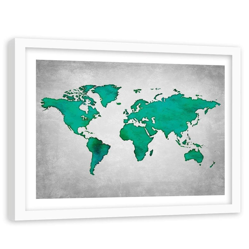 Glezna baltā rāmī - Green Map Of The World On Concrete 