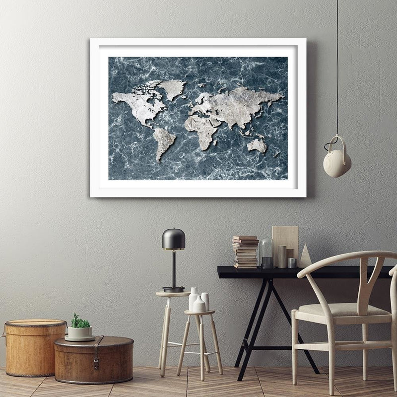Glezna baltā rāmī - Map Of The World On Marble 