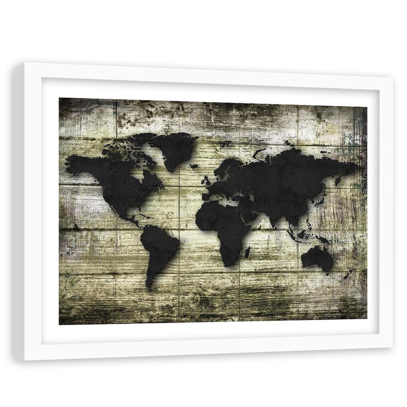 Glezna baltā rāmī - Black World Map On The Boards 