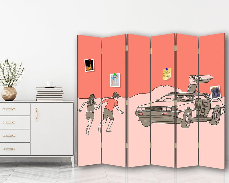 Aizslietnis, 6 paneļi, Divpusējs, 360 ° rotējošas eņģes, kanva, korķa panelis, Pink DeLorean  