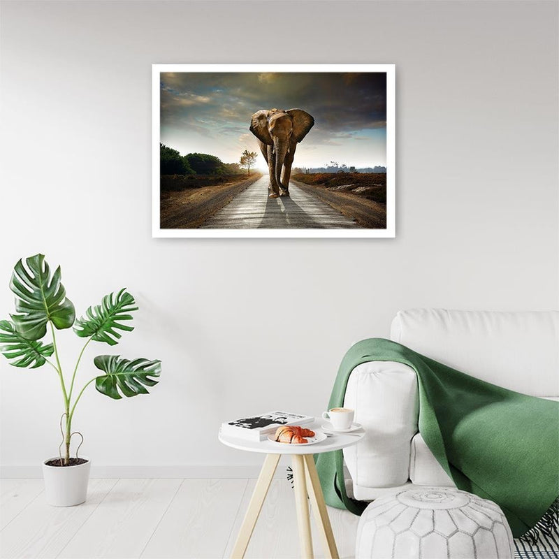 Glezna baltā rāmī - Elephant On The Road 