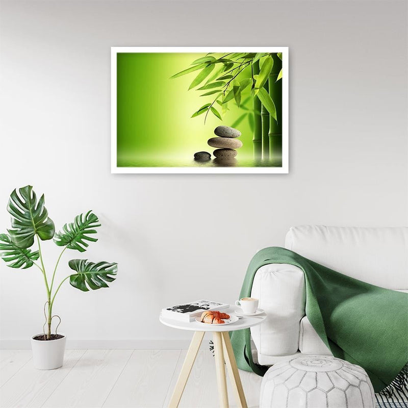 Glezna baltā rāmī - Green Bamboo And Zen Stones 