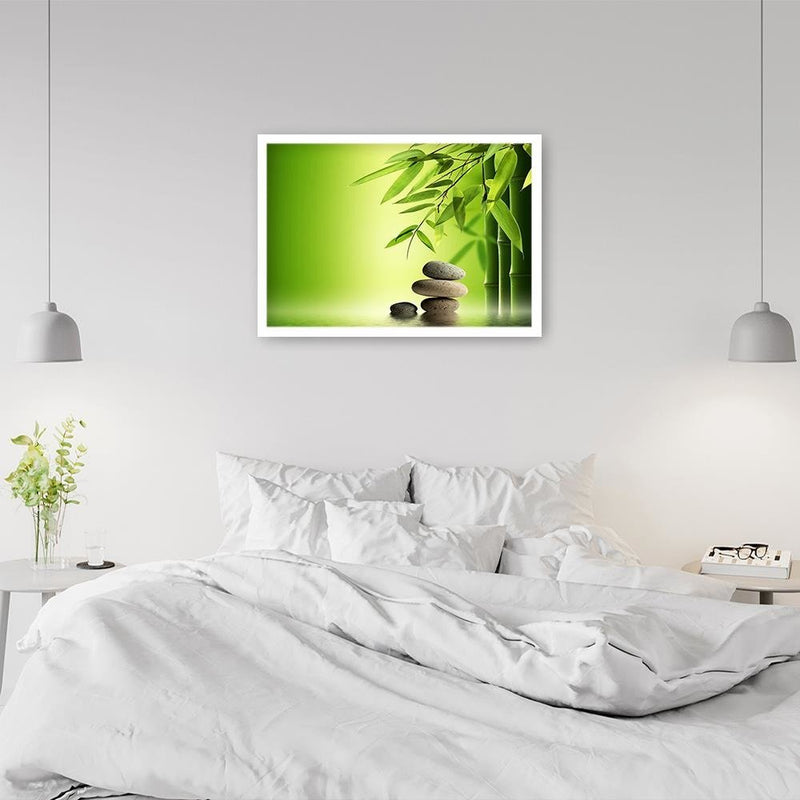 Glezna baltā rāmī - Green Bamboo And Zen Stones 