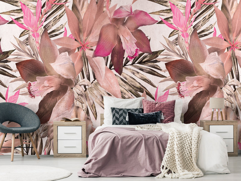 Fototapetes guļamistabai rozā krāsā ar tropiskiem ziediem