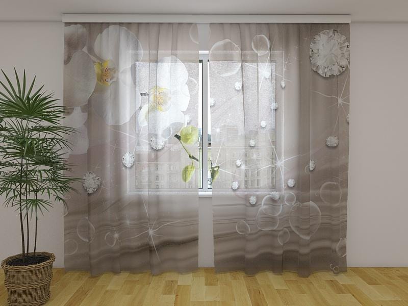 Dienas un nakts aizkari - Orhidejas un briljanti uz smilškrāsas zīda 180 x 140 cm (2X 90x140 cm) / Сaurspīdīgs šifons E-interjers.lv