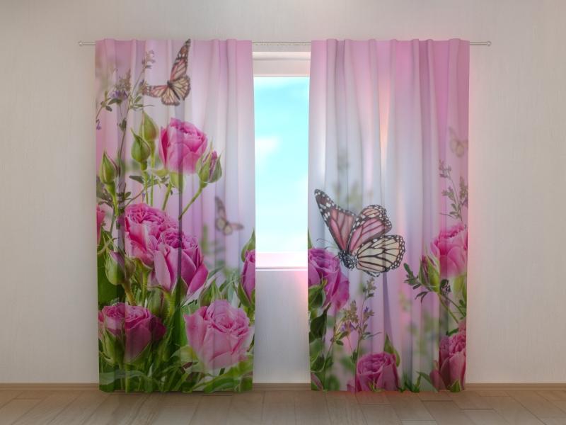 Dienas un nakts aizkari - Tauriņi un rozā rozes 180 x 140 cm (2X 90x140 cm) / SCREEN E-interjers.lv