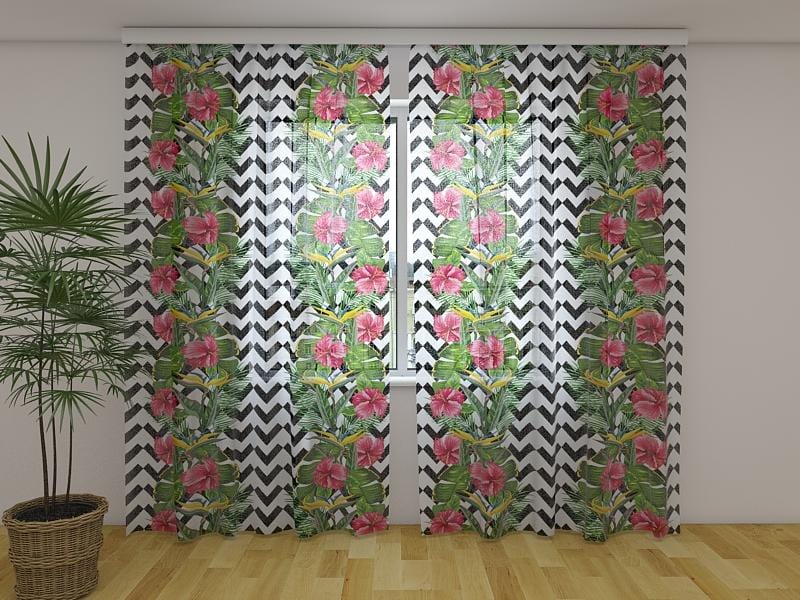 Dienas un nakts aizkari - Tropu lapas un hibiskusa ziedi 180 x 140 cm (2X 90x140 cm) / Сaurspīdīgs šifons E-interjers.lv