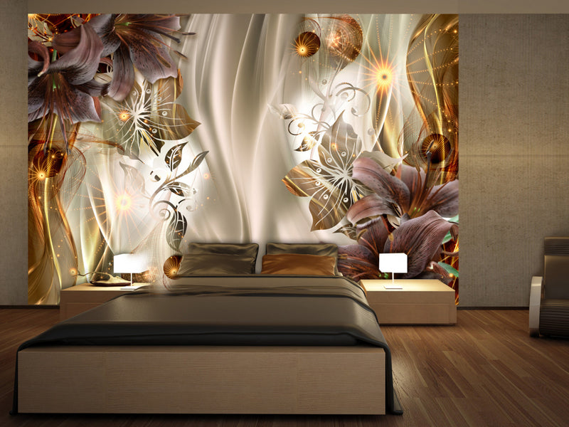 Fototapetes ar abstrakta ziediem dzintara toņos guļamistabai