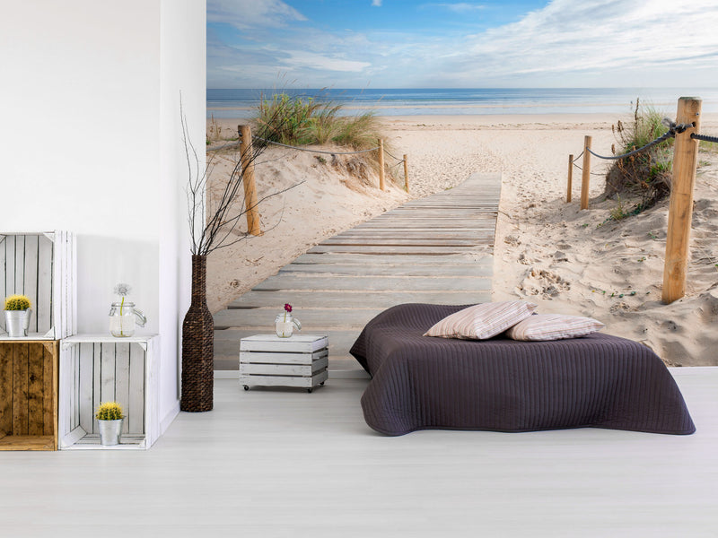 Fototapetes ar pludmali guļamistabas interjerā