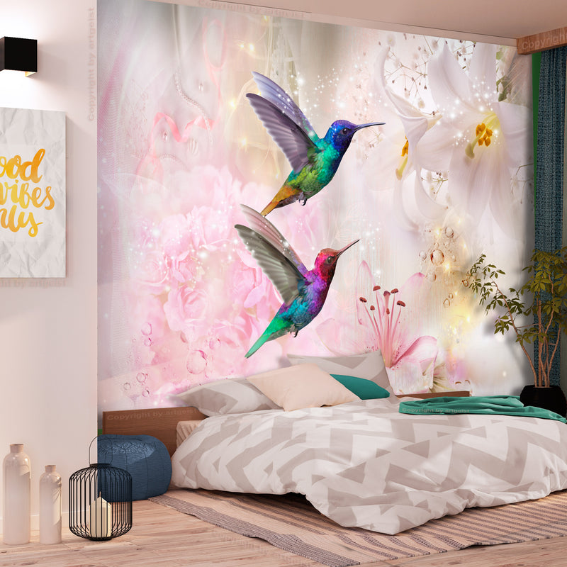 Fototapetes ar ziediem - Krāsainie kolibri (rozā)