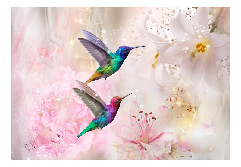 Fototapetes ar ziediem - Krāsainie kolibri (rozā)