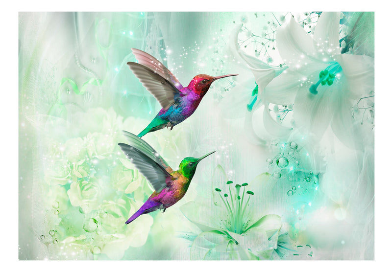 Fototapetes ar ziediem - Krāsaini kolibri (zaļš)