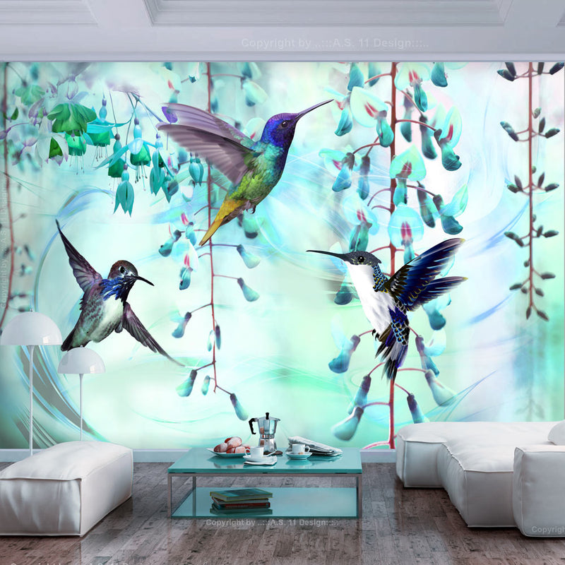 Fototapetes ar ziediem - Lidojoši kolibri (Zaļš)