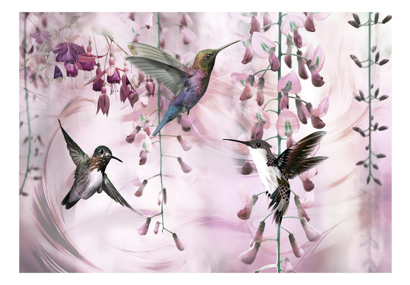 Fototapetes ar ziediem - Lidojoši kolibri (rozā)