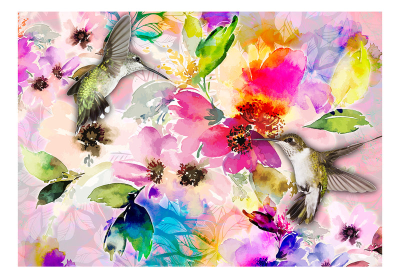 kolibri fototapetes ar daudzkrāsainiem ziediem uz rozā fona