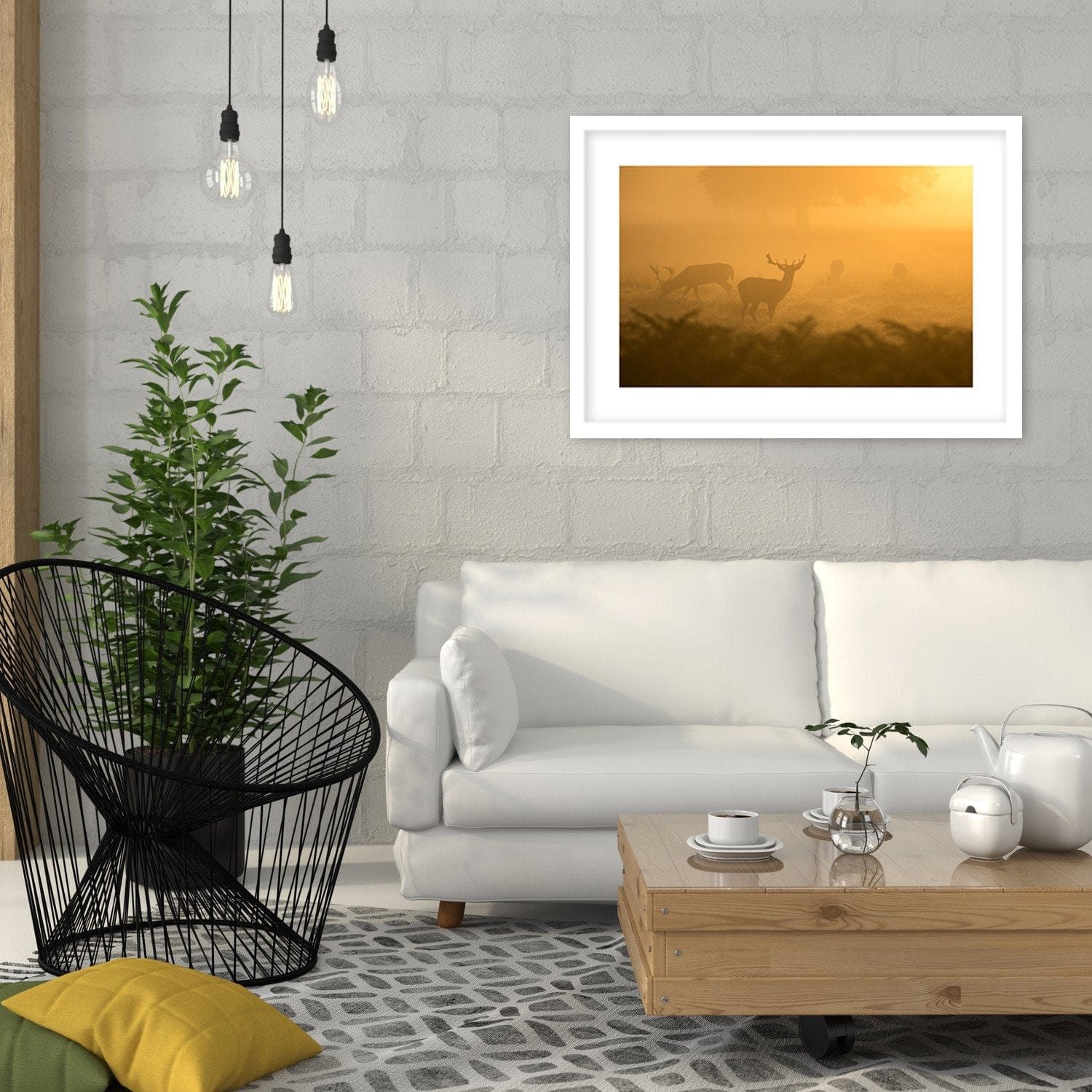 Glezna baltā rāmī - A Herd Of Deer At Dawn  Home Trends DECO
