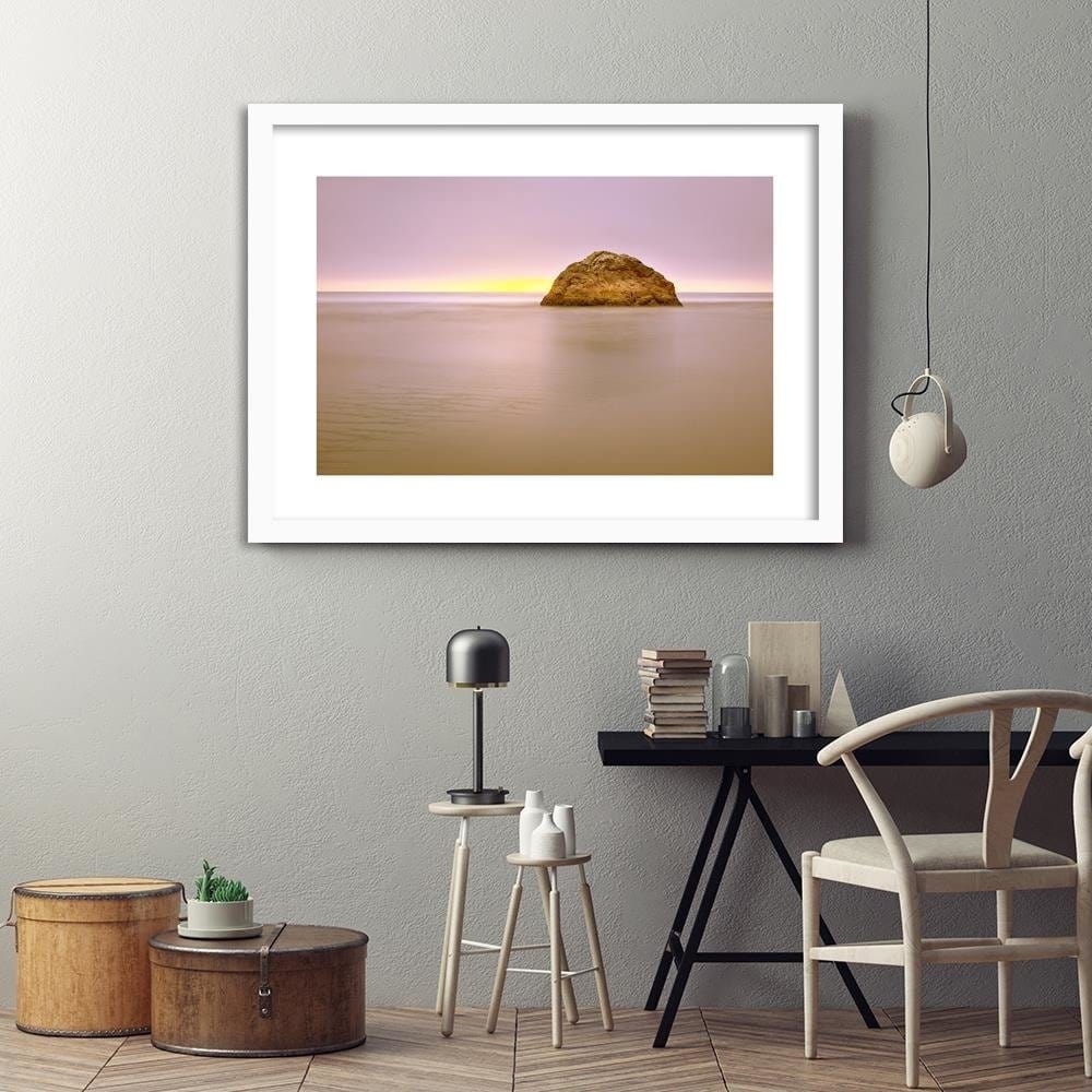 Glezna baltā rāmī - A Rock In The Sea At Dusk  Home Trends DECO