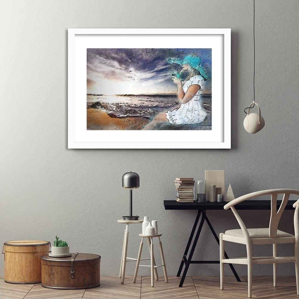 Glezna baltā rāmī - A Woman In A Hat By The Sea  Home Trends DECO