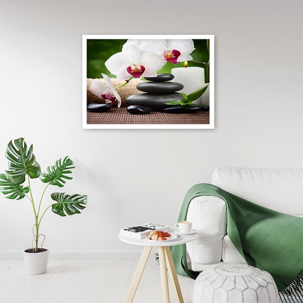 Glezna baltā rāmī - Black Stones And White Orchid  Home Trends DECO