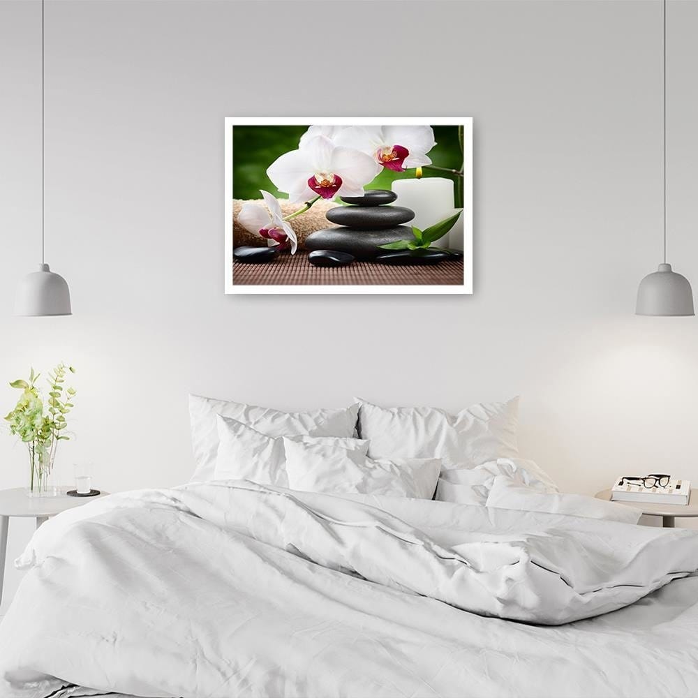 Glezna baltā rāmī - Black Stones And White Orchid  Home Trends DECO