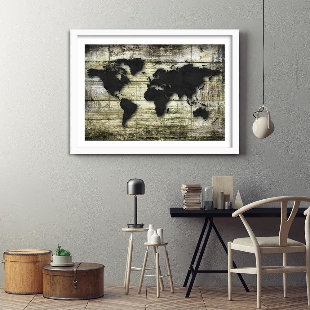 Glezna baltā rāmī - Black World Map On The Boards  Home Trends DECO